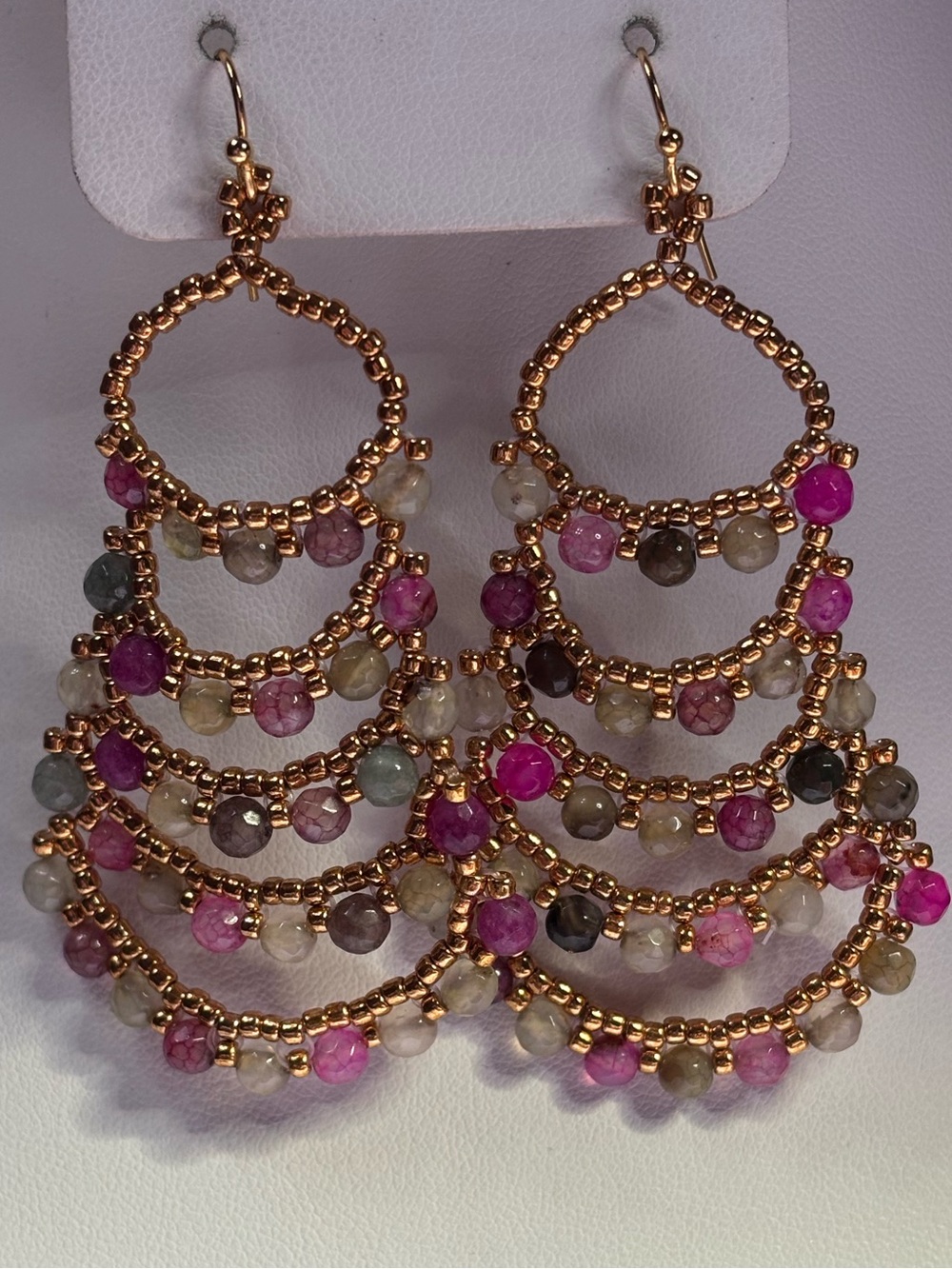 Handmade Multi-Color Agate Gemstone Beaded Chandelier Earrings 3 inches